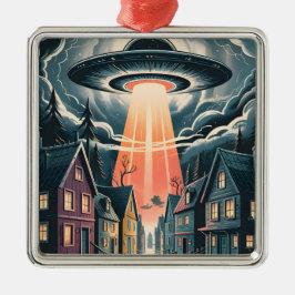 Ornamento De Metal Ilustração Noturna de Abdução por OVNI na Rua
