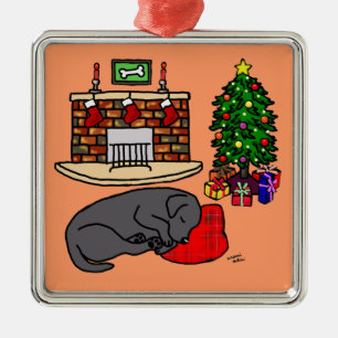 Ornamento De Metal Ilustração preta da árvore de Natal de Labrador