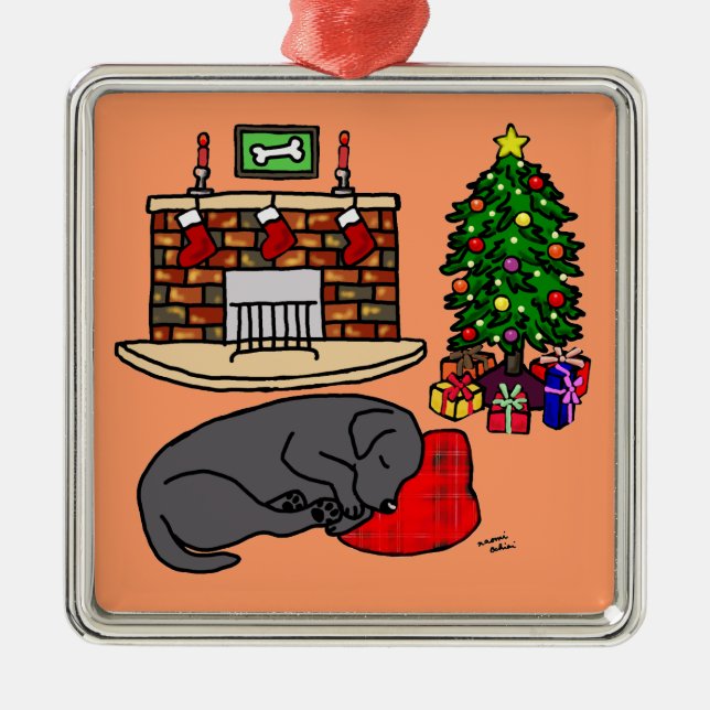 Ornamento De Metal Ilustração preta da árvore de Natal de Labrador (Frente)