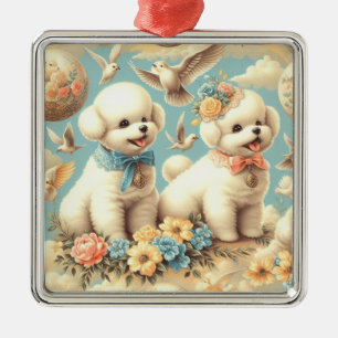Ornamento De Metal Ilustração Vintage Cute Bichon Frisé