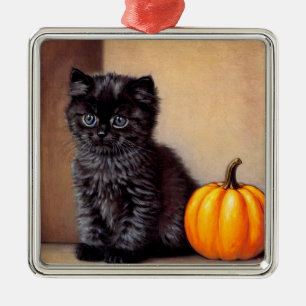 Ornamento De Metal Ilustração Vintage Halloween Black Kitten