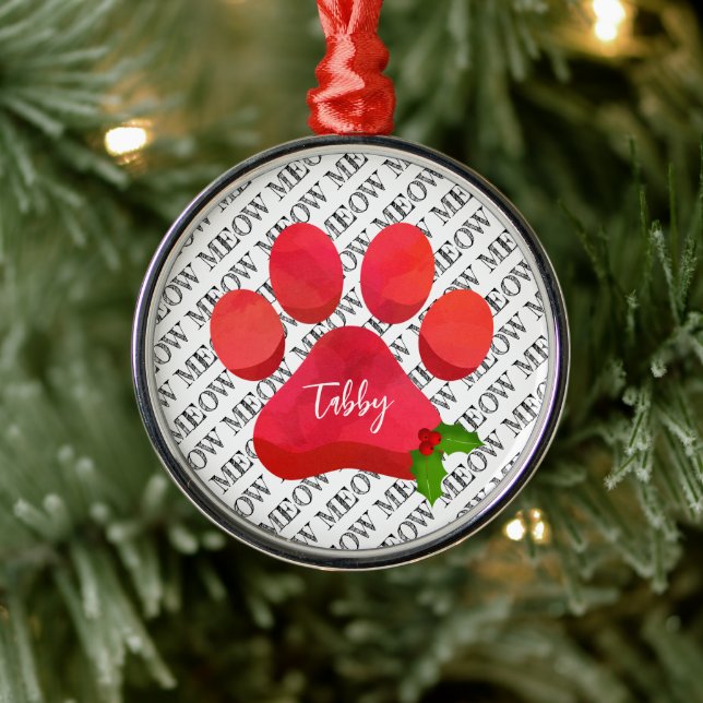 Ornamento De Metal Impressão de Pata de Natal Meow Gato NOME Azevinho (Árvore)