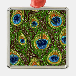 Ornamento De Metal Impressão de Penas de Peacock Coloridas