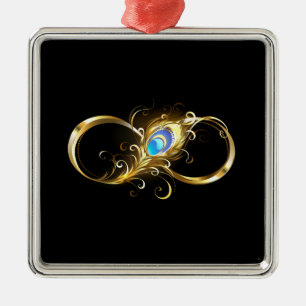 Ornamento De Metal Infinidade com a pena Pavão de Ouro