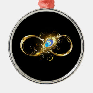 Ornamento De Metal Infinidade com a pena Pavão de Ouro