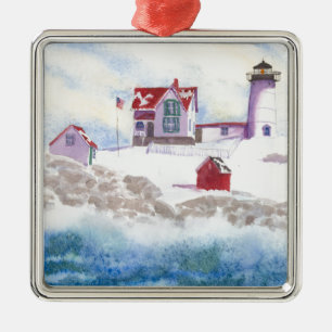 Ornamento De Metal inverno em Nubble LIghthouse, Maine
