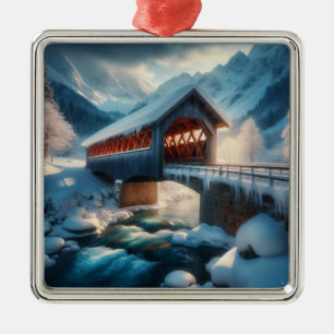 Ornamento De Metal Inverno, ponte coberta por neve e rio