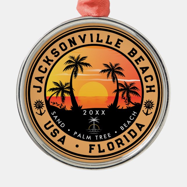 Ornamento De Metal Jacksonville Beach, Flórida tropical Retro Sunset (Frente)