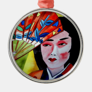 Ornamento De Metal japonês Geisha com fã de pintura de arte original