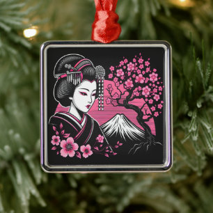 Ornamento De Metal Japonês Geisha Monte Fuji Japonês Cherry Blossom