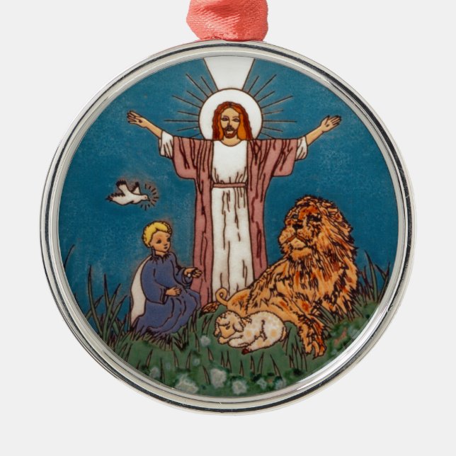 Ornamento De Metal Jesus, o Leão e o Lamb (Frente)