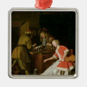 Ornamento De Metal Jogadores de Tric-trac com uma senhora e seu cão