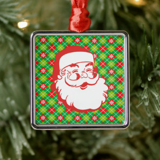Ornamento De Metal Jolly Santa Claus na Xadrez Vermelha e Verde