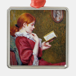 Ornamento De Metal Jovem com cabelo vermelho lendo um bom livro