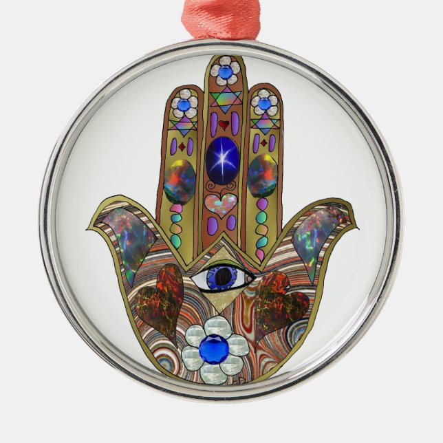Ornamento De Metal Judaica Hamsa Hearts Flowers Opal Art Impressão (Frente)