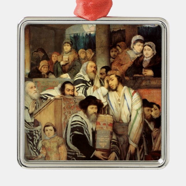 Ornamento De Metal Judeus Rezando na Sinagoga em Yom Kippur (Frente)