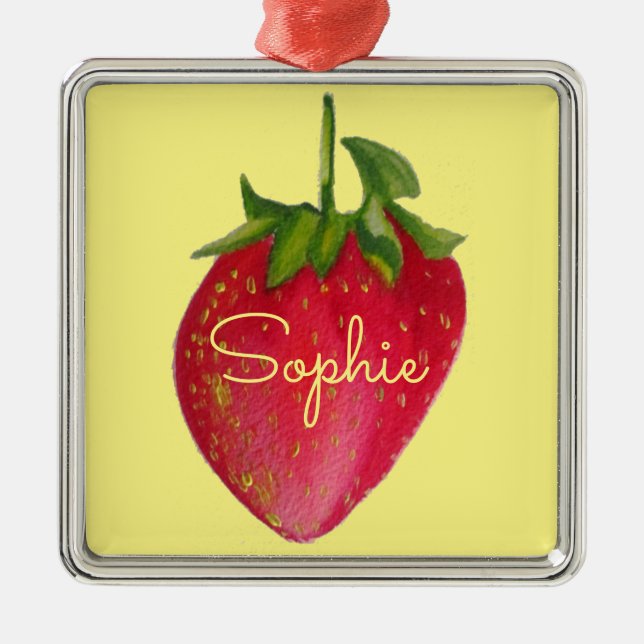 Ornamento De Metal Juicy Strawberry fruta aquarela nome pessoal (Frente)