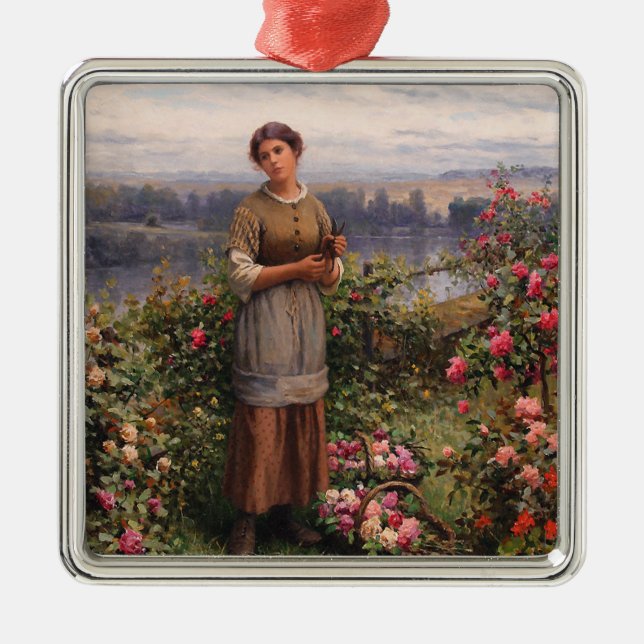 Ornamento De Metal Julia Gathering Rosa (Bela Garota e Flores) (Frente)