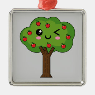 Ornamento De Metal Kawaii Happy Winking Apple Tree