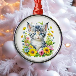 Ornamento De Metal Kit de aquarela Gatinho Flores Natal