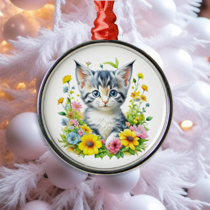 Ornamento De Metal Kit de aquarela Gatinho Flores Natal