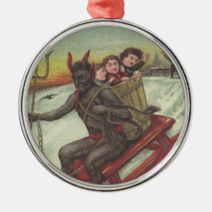 Ornamento De Metal Krampus sequestrando crianças com forcado de trenó