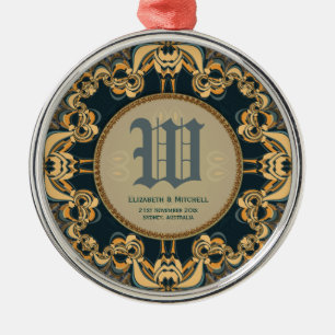 Ornamento De Metal Lace decorativo com Monograma em Dourado e Azul Ve