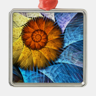 Ornamento De Metal Laranja Floral Amarelo Azul Abstrato Art