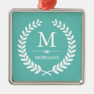 Ornamento De Metal Laurel Wreath Decor Pastel Teal Family Monograma