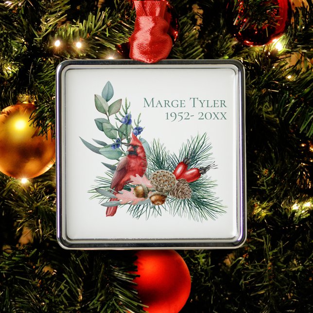 Ornamento De Metal Lembrança da ramificação do pinheiro cardinal de a (Watercolor Cardinal Pine Branch Remembrance Metal Ornament
)