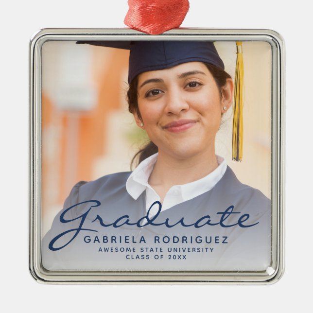 Ornamento De Metal Lembrança de formatura com foto em script azul esc (Frente)