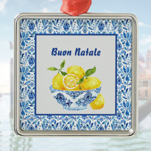 Ornamento De Metal Lemon Mediterrâneo Buon Natale Azulejo Azul Toile
