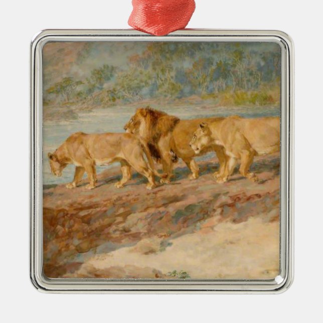 Ornamento De Metal Leões na margem de um rio africano (Frente)