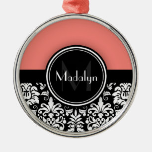 Ornamento De Metal Letra Monograma de Damasco Branco Preto Coral