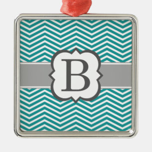 Ornamento De Metal Letra Teal Branco Monograma B Chevron