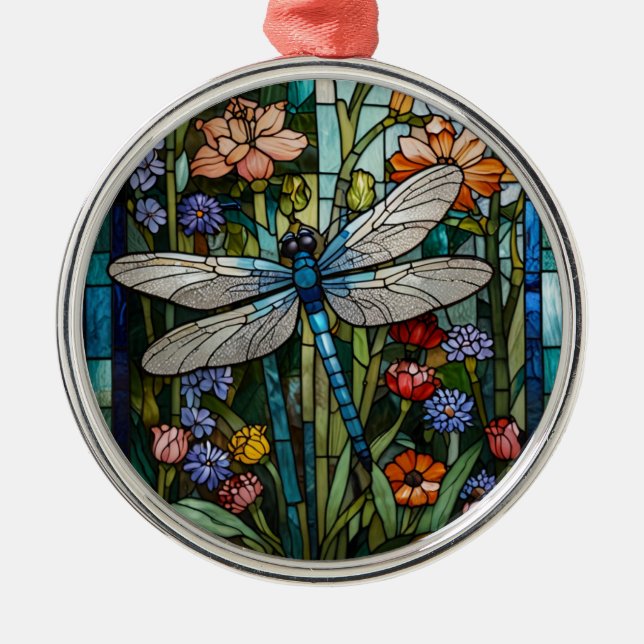 Ornamento De Metal Libélula boho floral botânico vidro manchado (Frente)