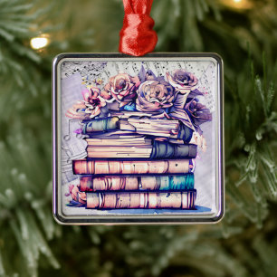 Ornamento De Metal Linda Pilha Antiga de Livros e Rosas Vintage