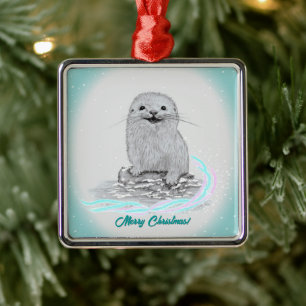 Ornamento De Metal Lindo Bebê de Lontra Marinha Branca, Feliz Natal