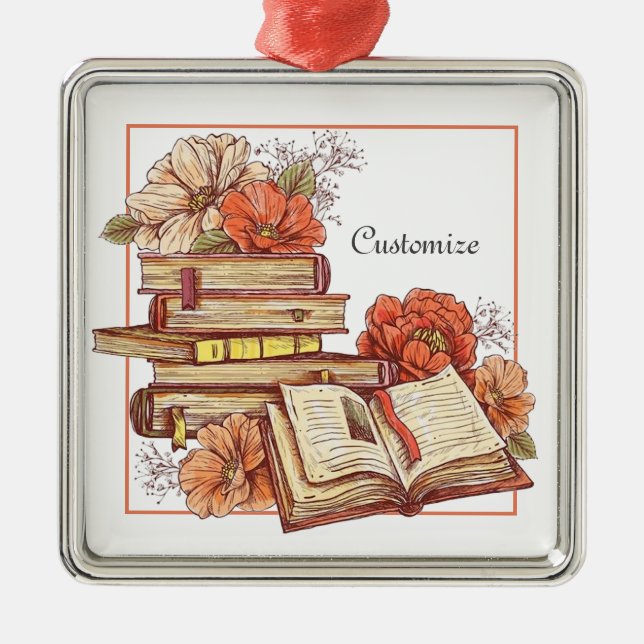 Ornamento De Metal Livros Personalizados E Flores (Frente)