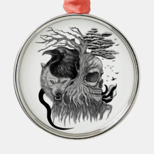 Ornamento De Metal Lobo e Raven com crânio