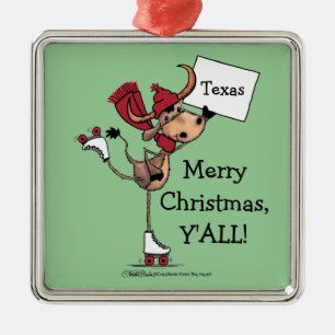 Ornamento De Metal Longhorn Roller Skating-Feliz Natal Y'all!
