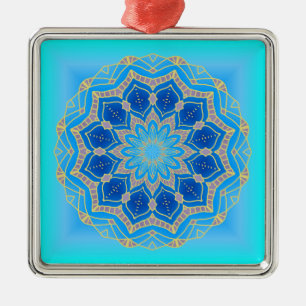 Ornamento De Metal Lotus mandala em turquesa e azul