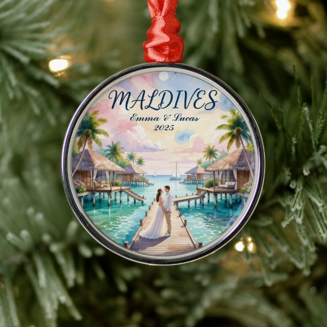Ornamento De Metal Lua de Mel Personalizada nas Maldivas (Árvore)