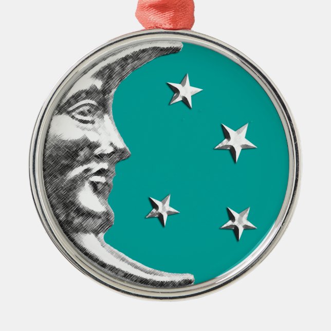 Ornamento De Metal Lua e Estrelas Art Déco - Turquesa & Prata (Frente)