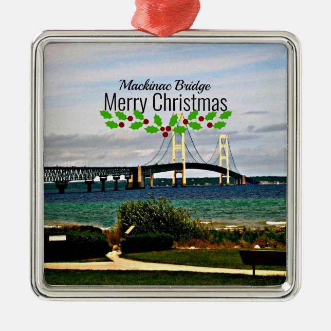 Ornamento De Metal Mackinac Bridge, Merry Christmas, (Frente)