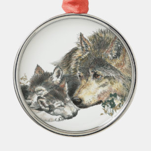 Ornamento De Metal Madre-aquarela Wolf & Cubs Animal Art