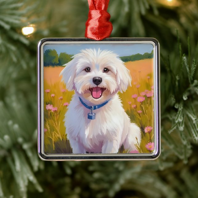 Ornamento De Metal Maltese Dog | Flower Field Pet Painting (Árvore)