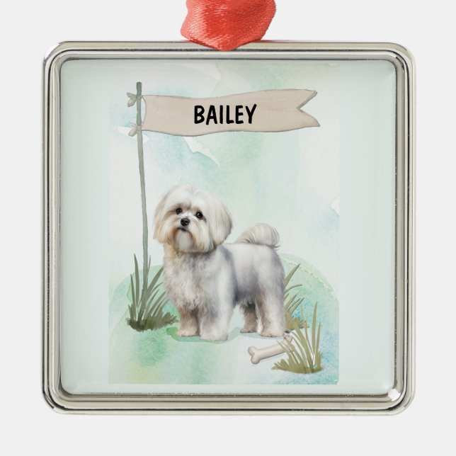 Ornamento De Metal Maltese Watercolor Personalized Dog (Frente)