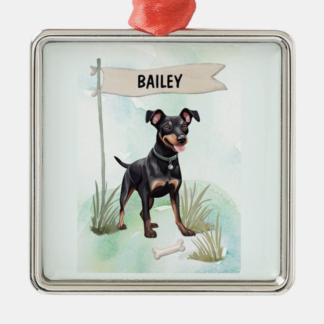 Ornamento De Metal Manchester Terrier Watercolor Personalized Dog (Frente)