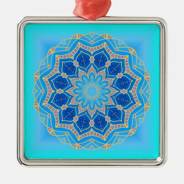 Ornamento De Metal Mandala de lótus em turquesa e azul (Frente)